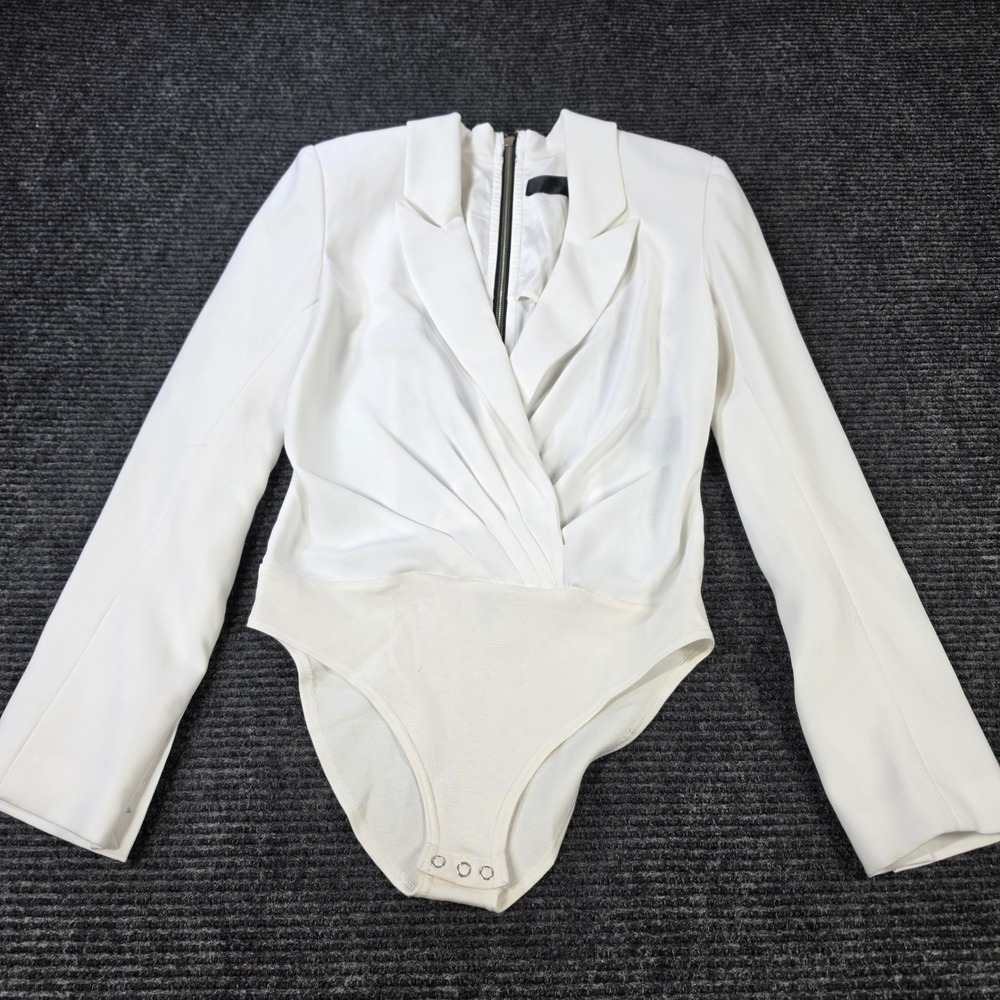 RtA Bodysuit Womens Small White Excellent Shoulder Pads Long Sleeve Zipper Snaps